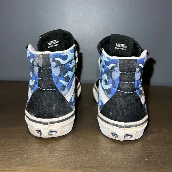 VANS High Top Sneakers Lace Up Youth 12.5 Shoes Flames Black Blue White - Picture 6 of 9